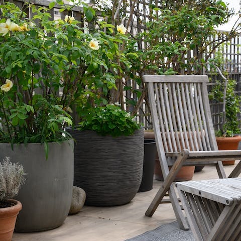 Two terraces with seating and views