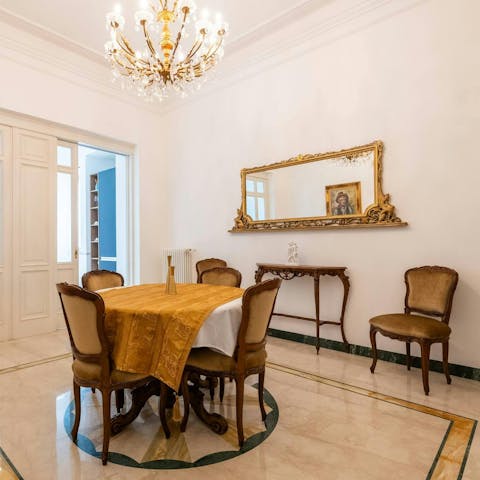 Share memorable meals under the chandelier