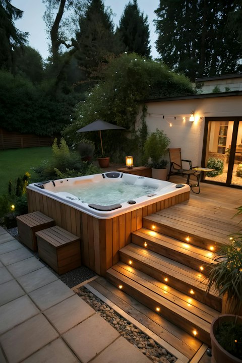 Step into the hot tub as the garden lights up at dusk