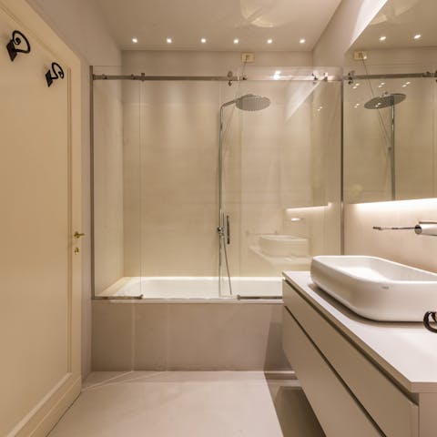 Treat yourself to an unrushed session in the boxy bathtub