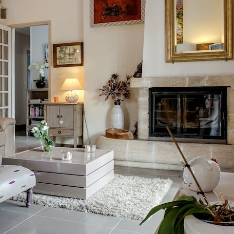 Warm up by the large feature fireplace