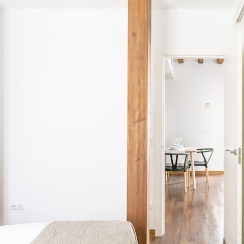 The original support beams in the bedroom