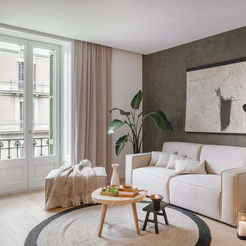 Spin a vinyl on the record player and unwind on the sofa