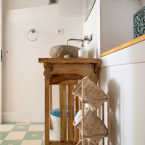 The stone sink in the bathroom