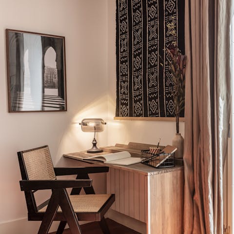 Catch up on work at the living area's desk space