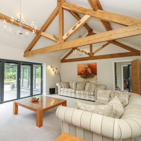 Relax under vaulted ceilings and wooden beams