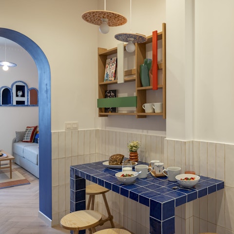 Nibble on snacks in the Mediterranean-inspired kitchen