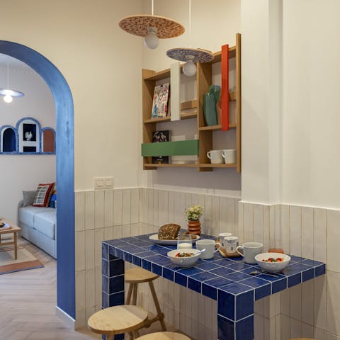 Nibble on snacks in the Mediterranean-inspired kitchen