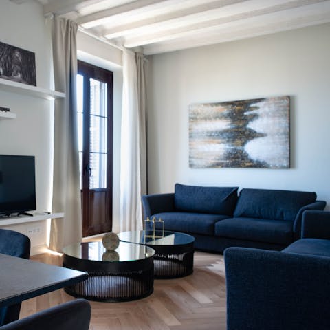 The brightly lit living room