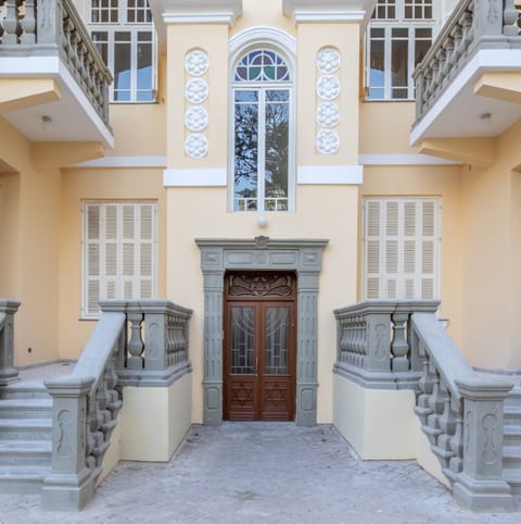 Admire the grand building facade