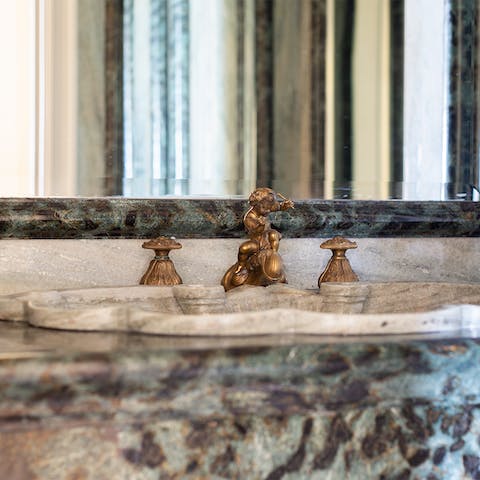 The fab green marble bathroom