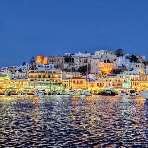 Enjoy dinner at the port as night falls