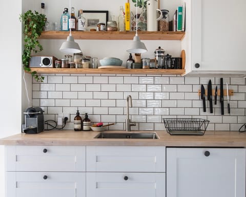 The sleek farmhouse-style kitchen