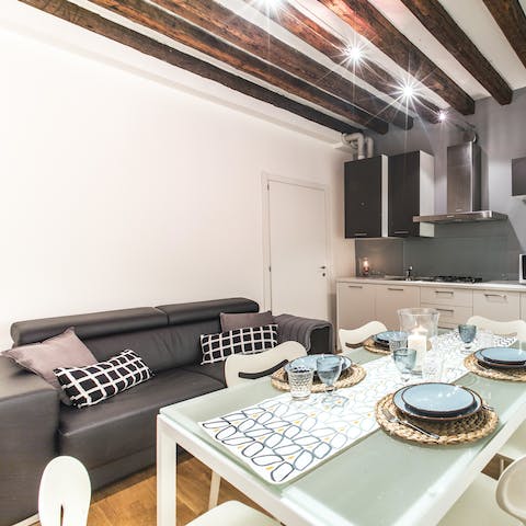 Relax with a cappuccino on the leather sofa after a tasty breakfast