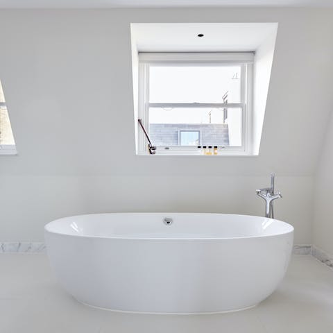 Take a long soak in the swanky freestanding bathtub