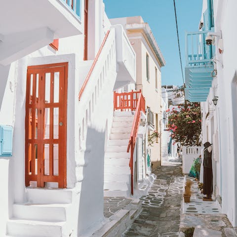 Visit Mykonos Town, a seven-minute drive away