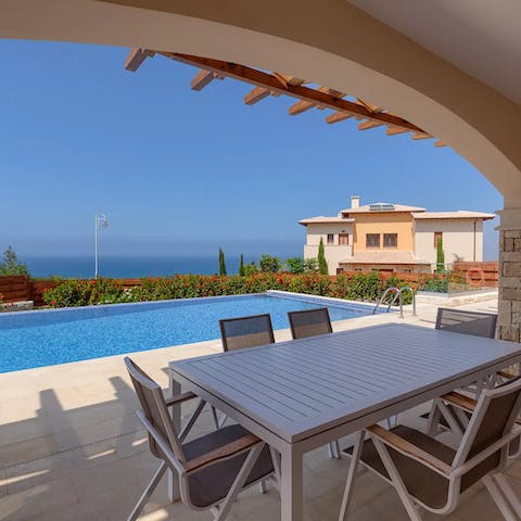 Dine alfresco on the terrace, watching the sun dips below the horizon