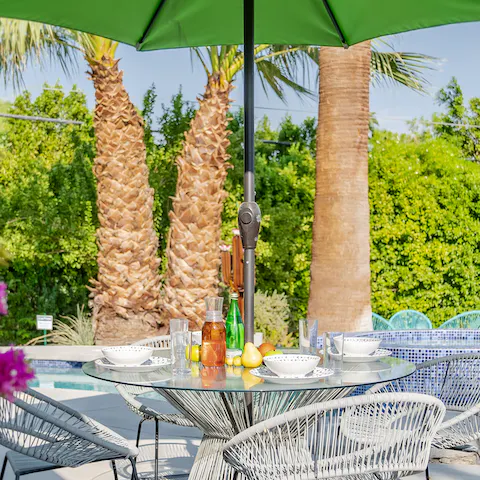 Breakfast alfresco, enjoying pancakes and freshly brewed coffee in the shade