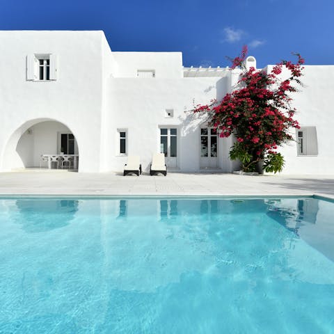 Splash about in the invitingly blue swimming pool and dry off under the sunshine on a lounger