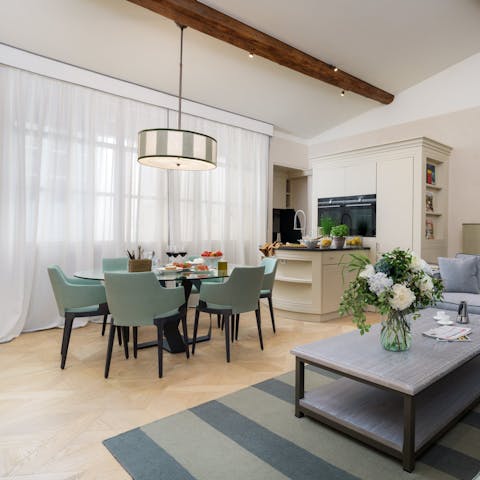 Gather for breakfast by the big window overlooking the internal courtyard