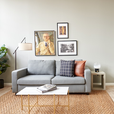 Relax in the retro-chic surroundings of the double-height living room