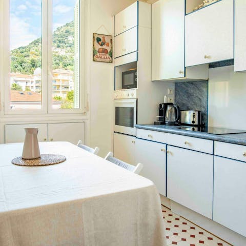 Enjoy coffee and croissants at the breakfast table