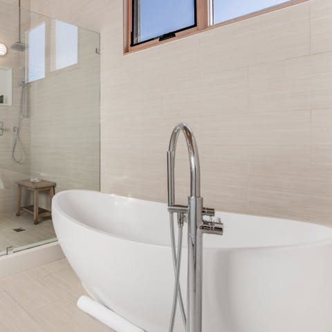 Slip into the freestanding tub for a long, relaxing soak