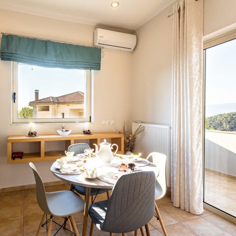 Make plans over a traditional Peloponnese breakfast at this intimate dining table