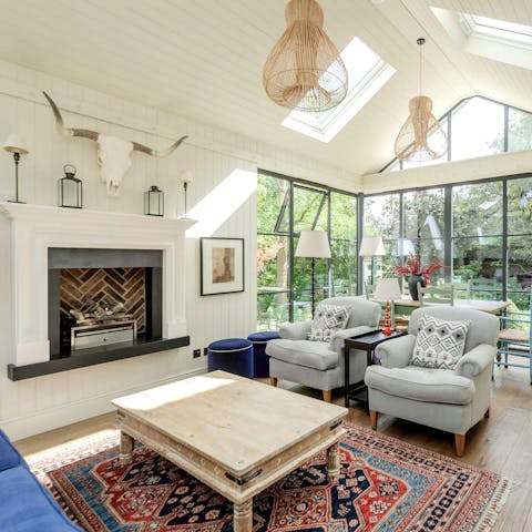 Curl up beside the fireplaces in winter months