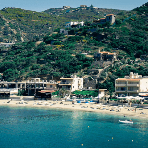 Drive just a few minutes to the white sands of Agia Pelagia