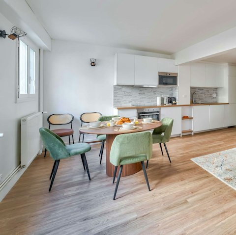 Lay the table for brunch in the light-filled dining area