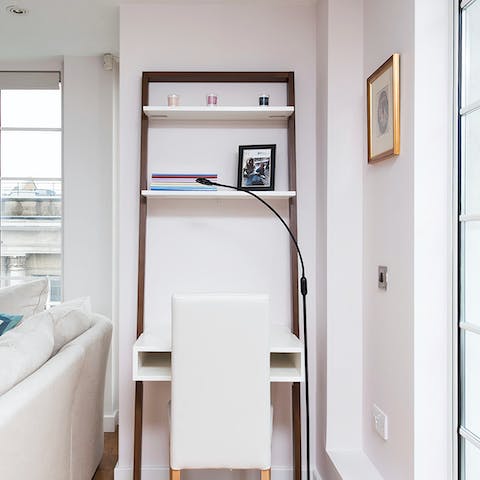 Catch up on emails and work calls at the desk space