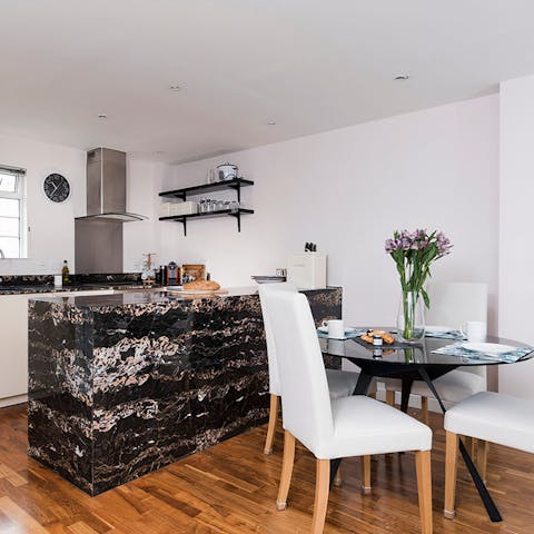 Rustle up a home-cooked breakfast in the marble kitchen