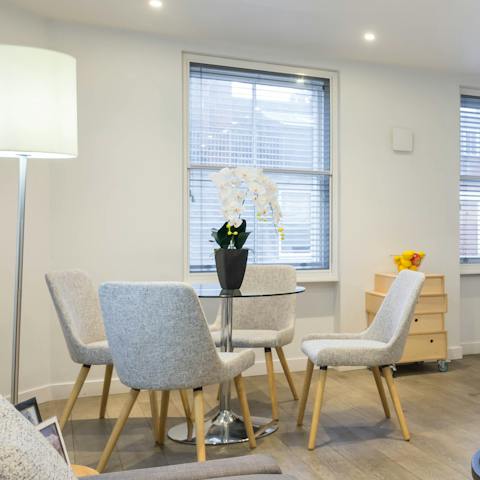 Sit down to an intimate soirée at the corner dining table when you're not out sampling Central London's dining scene