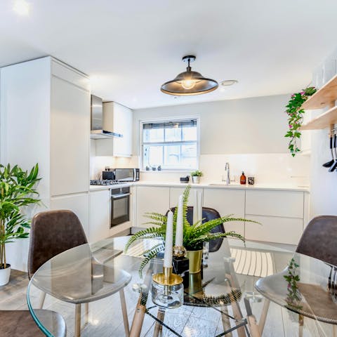 Have a break from restaurant-hopping and whip up a feast in the generously sized kitchen-dining set-up