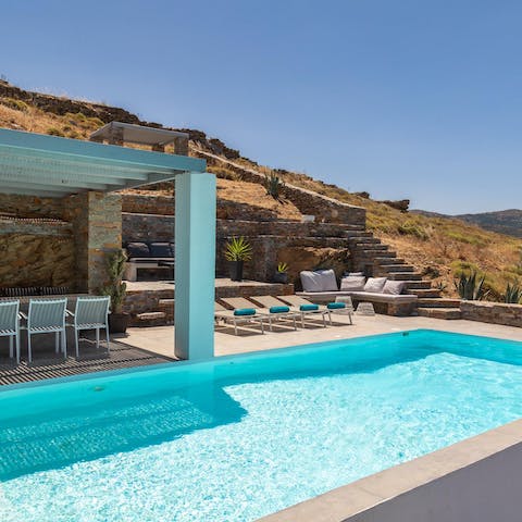 Spend hot afternoons relaxing on a lounger or swimming in the pool