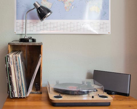 A record player and vinyl collection
