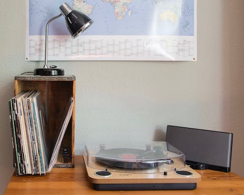 A record player and vinyl collection