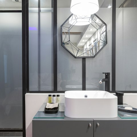 Preen and pamper yourself at double sink in the bathroom