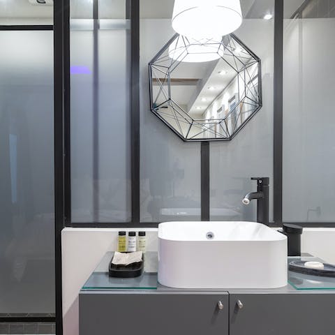 Preen and pamper yourself at double sink in the bathroom