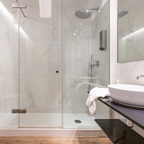 The marble-clad bathroom