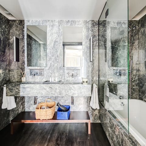 The marble-clad bathroom