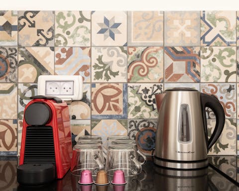 The decorative backsplash in the kitchen