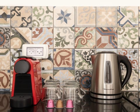 The decorative backsplash in the kitchen