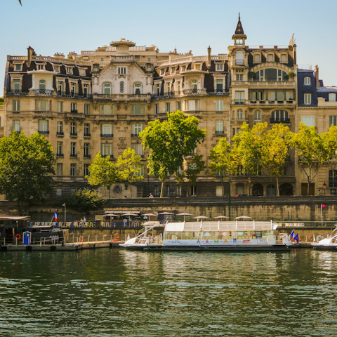 Enjoy a romantic stroll alongside the Seine, a short walk away