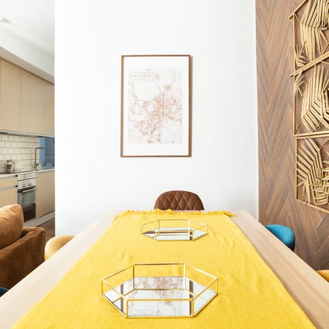 The bright yellow dining table