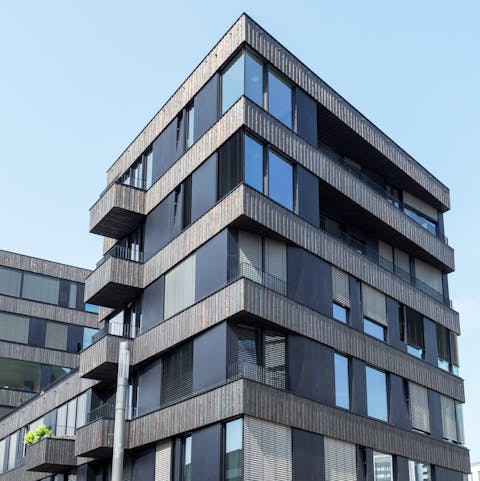 The building's burnt wood exterior