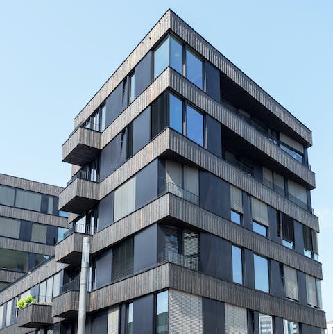The building's burnt wood exterior