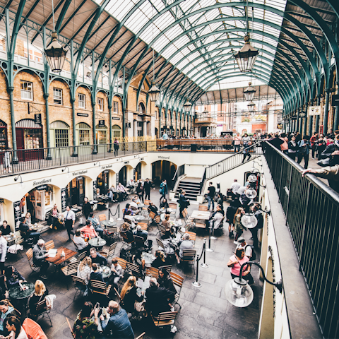 Sample Covent Garden's shops and restaurants, a thirteen-minute walk away