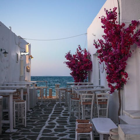 Discover the pretty paved alleyways of Naoussa, a 4.7km drive away